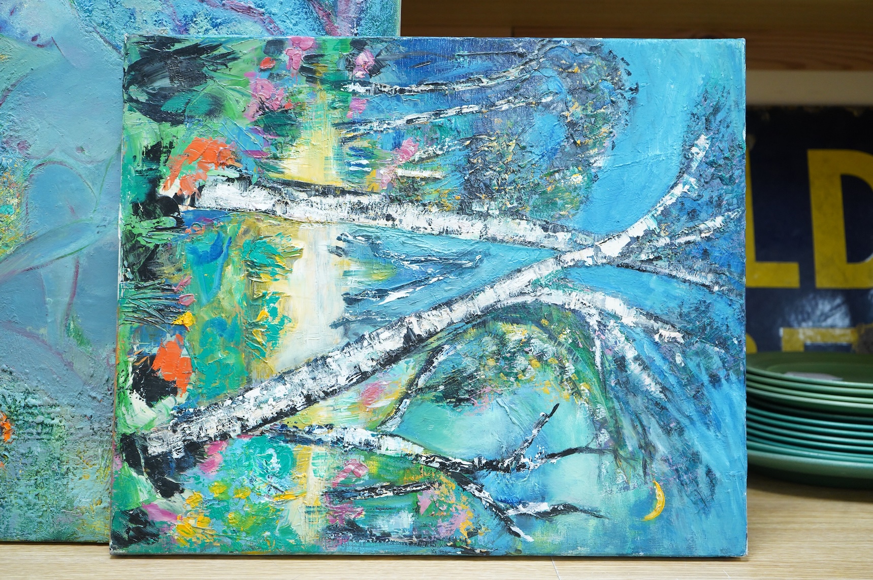 Julia Musson Laboureau (1927-2024), Figural study, Abstract composition and trees, unsigned, three impasto oils on canvas, largest 55 x 46cm, unframed